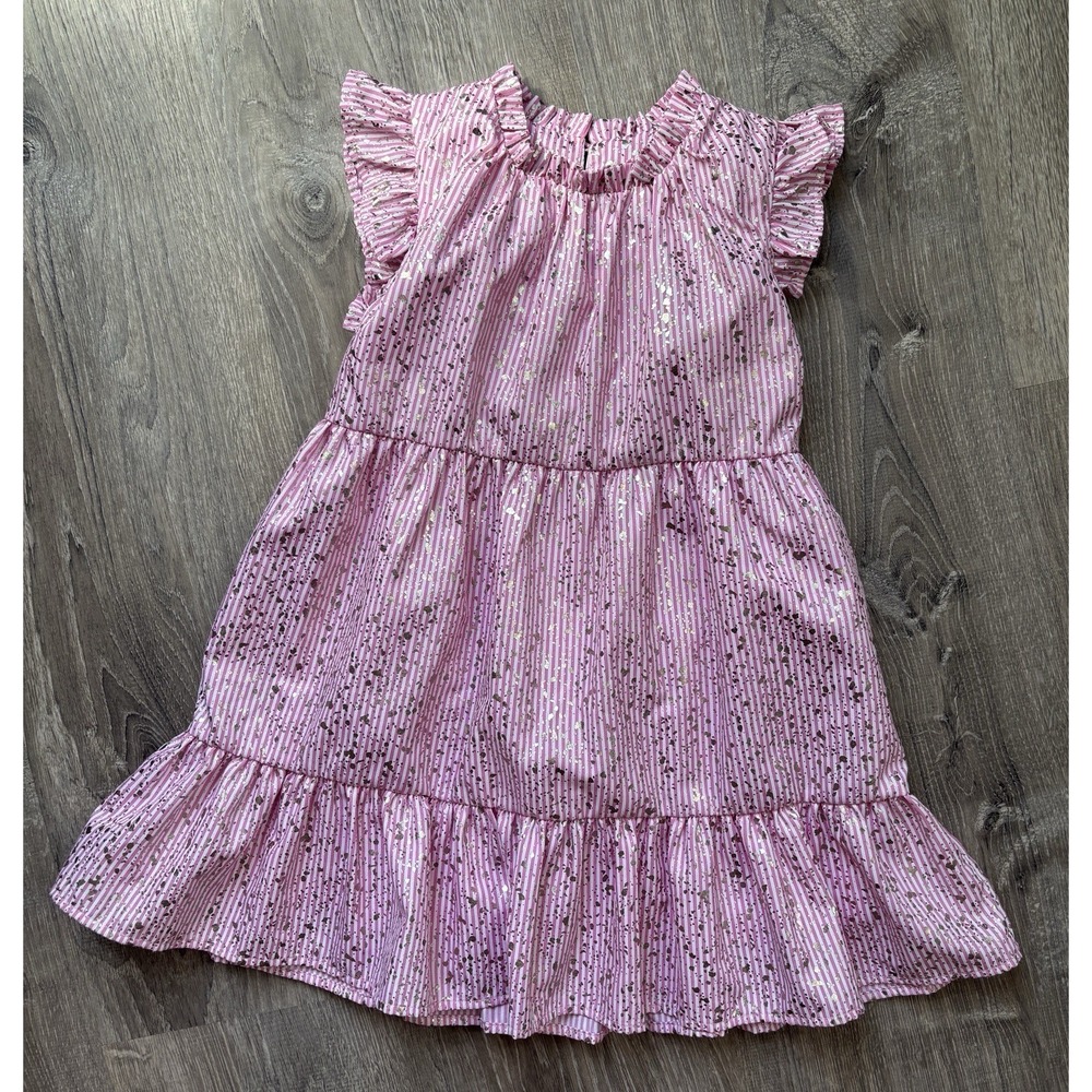 Imoga Girls Pia Dress Pink White Striped Gold Foil Metallic Tiered Ruffle Size 5